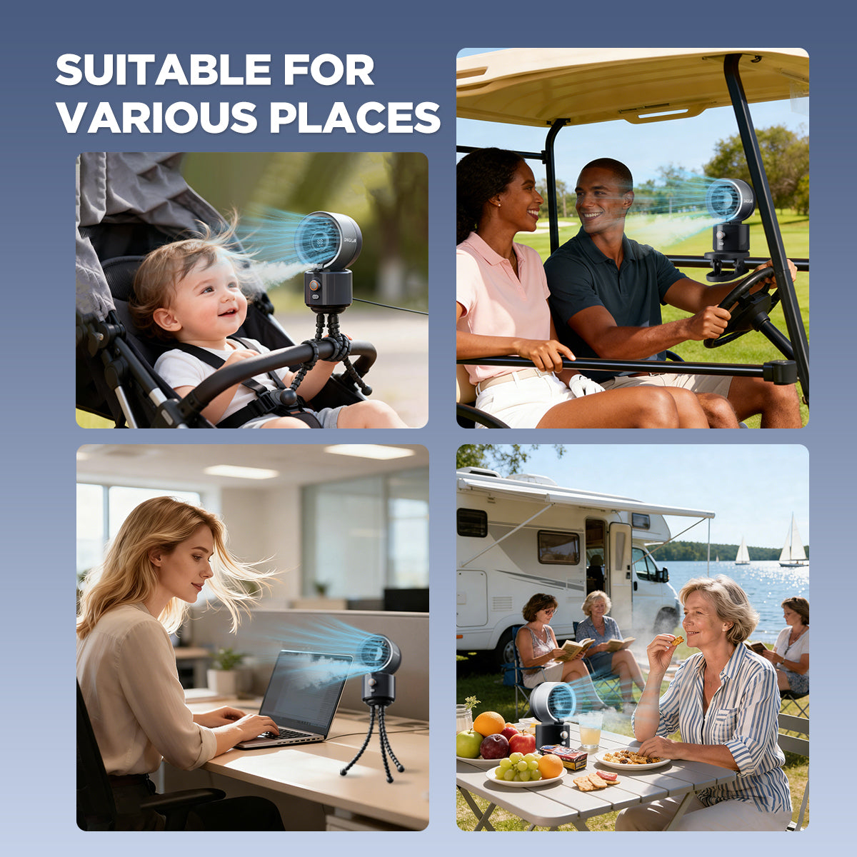 Portable Misting Fan, Clip-On or Flexible Tripod Personal Cooling Fan, Fine Mist Cools Air up to 15°F, 100 Speed Levels, Rechargeable Fan for Strollers, Golf Carts & Desktop Use