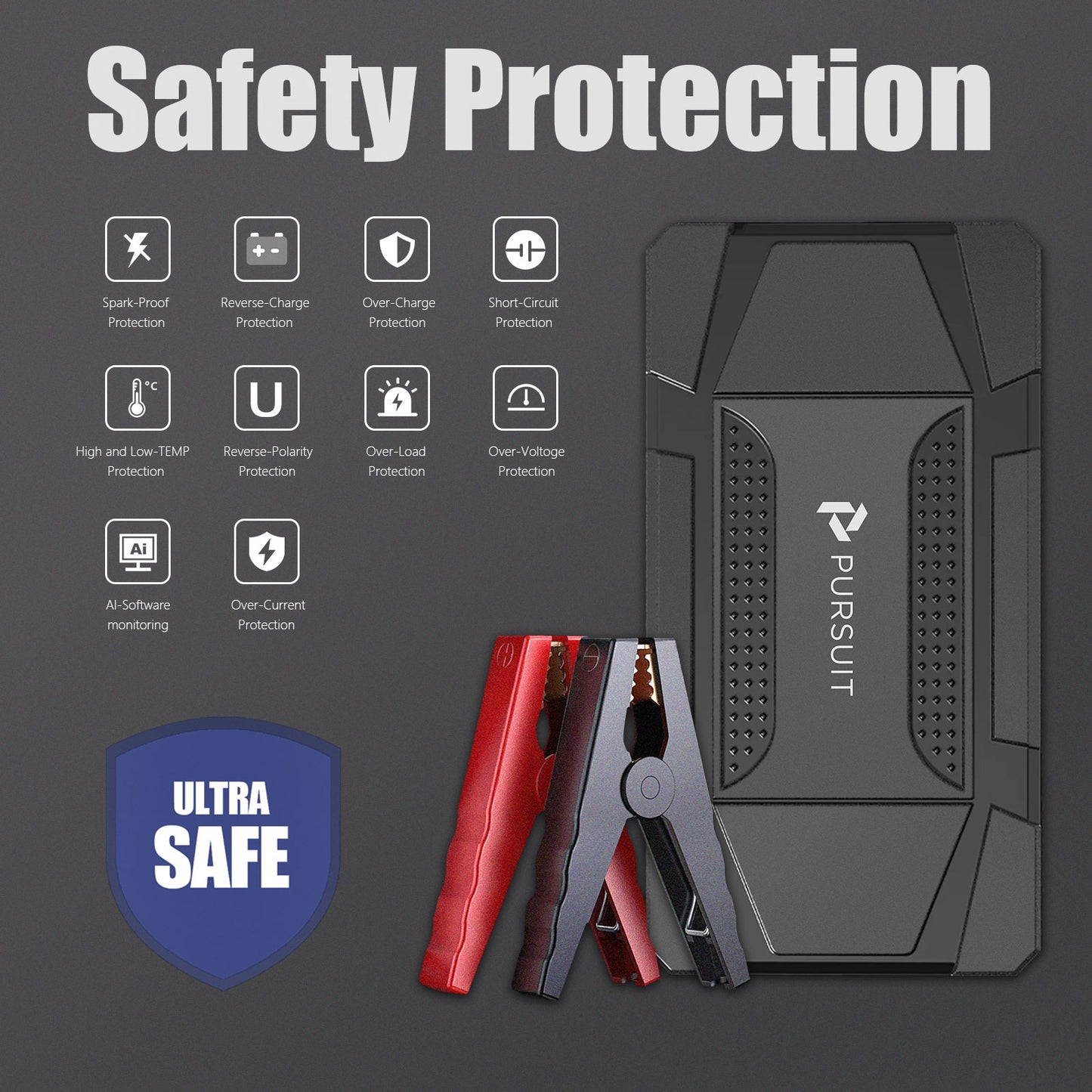 Pursuit 800A Portable UltraSafe Smart Jump Starter & Power Bank with Emergency Multi-mode Flashlight