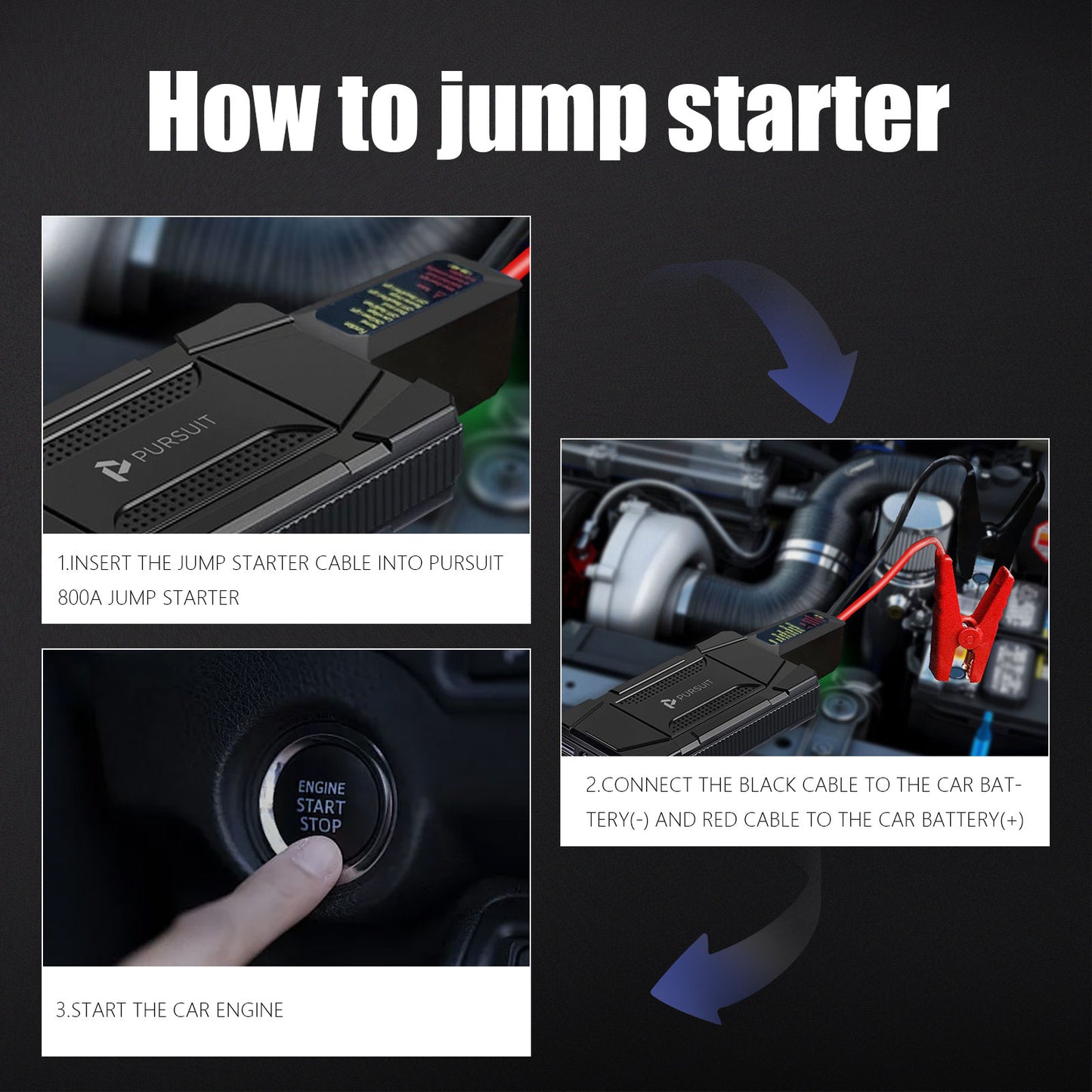 Pursuit 800A Portable UltraSafe Smart Jump Starter & Power Bank with Emergency Multi-mode Flashlight