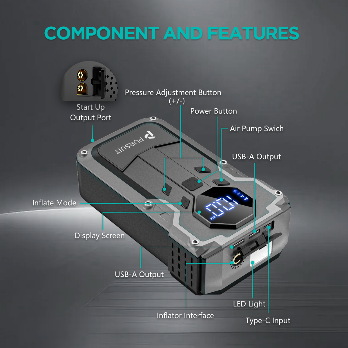 Jump Starter with Air Compressor, 2000A Peak Car Battery Booster(8L Gas/6L Diesel), 150PSI Tire Inflator Portable 12V Jump Box Car Battery Jumper Starter with Jumper Cable, LED Lights, LCD Display