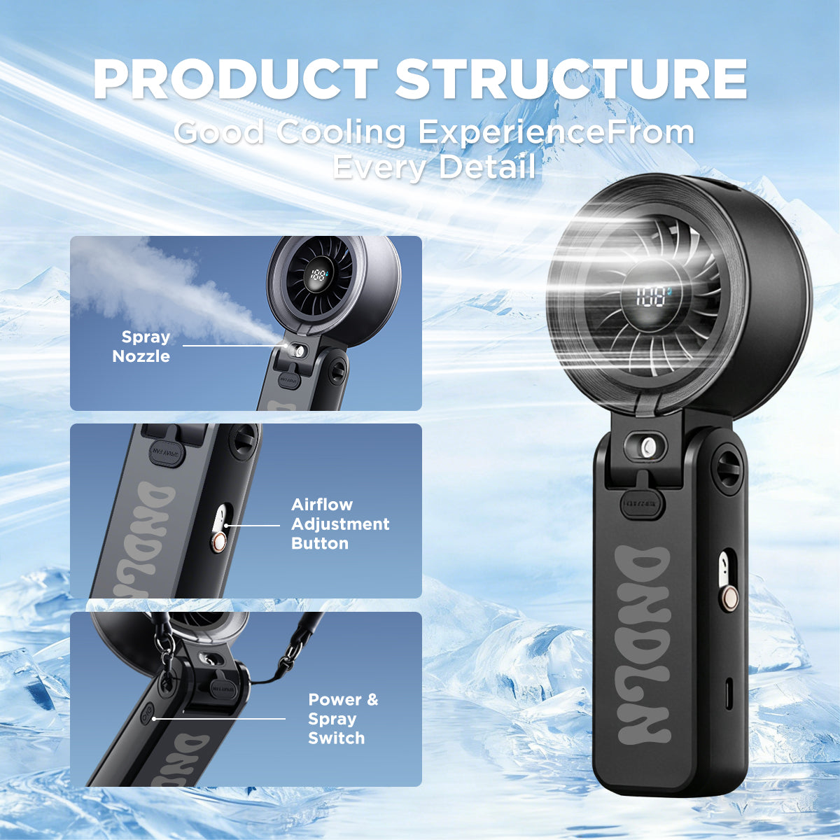Portable Misting Fan with 18H Battery Life, 100 Speed Adjustable Personal Cooling Fan, Rechargeable Handheld & Desktop Fan with 1 Hour Mist Tank, Handle Stand and Lanyard