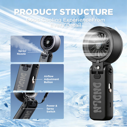Portable Misting Fan with 18H Battery Life, 100 Speed Adjustable Personal Cooling Fan, Rechargeable Handheld & Desktop Fan with 1 Hour Mist Tank, Handle Stand and Lanyard