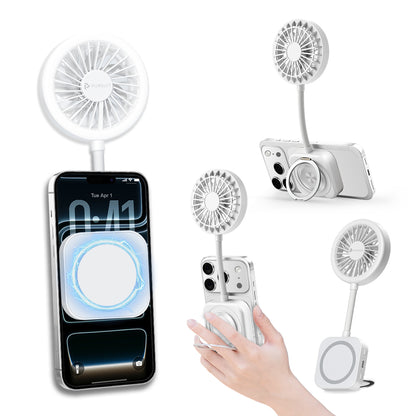 Magnetic Portable Fan Magsafe Compatible Mini Personal Fan with 3-Level Ring Light and Adjustable Hands-Free Phone Mount, Ultra-Lightweight 6000RPM Powerful table fan for iPhone, Desk, Car & Outdoor
