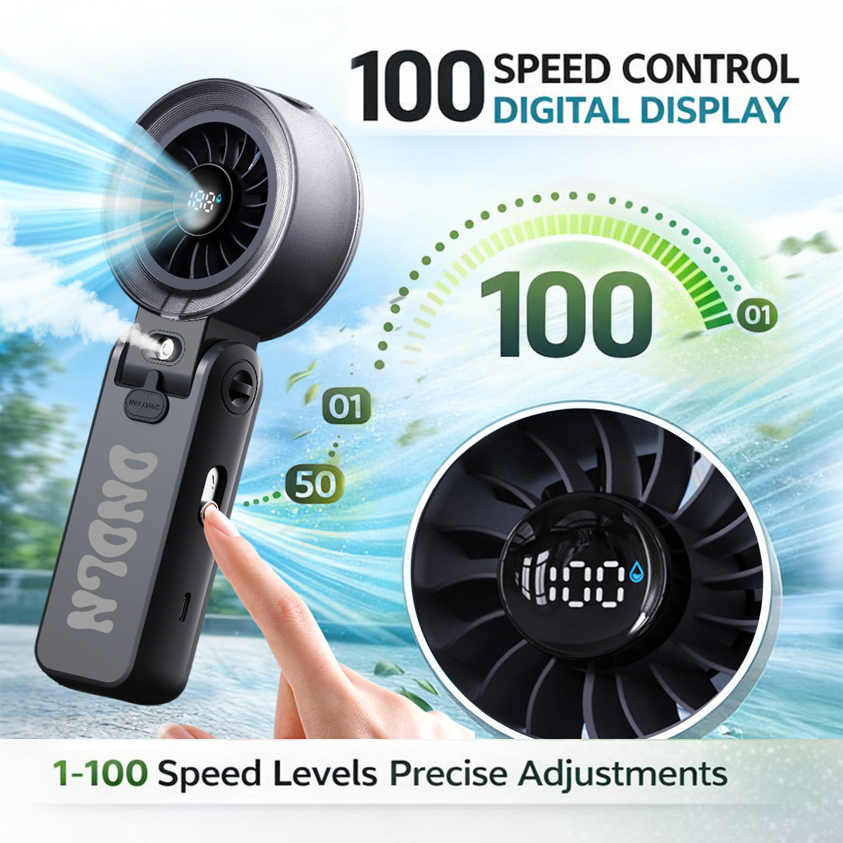 Portable Misting Fan with 18H Battery Life, 100 Speed Adjustable Personal Cooling Fan, Rechargeable Handheld & Desktop Fan with 1 Hour Mist Tank, Handle Stand and Lanyard