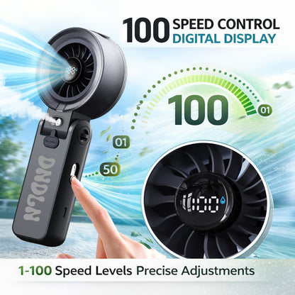 Portable Misting Fan with 18H Battery Life, 100 Speed Adjustable Personal Cooling Fan, Rechargeable Handheld & Desktop Fan with 1 Hour Mist Tank, Handle Stand and Lanyard