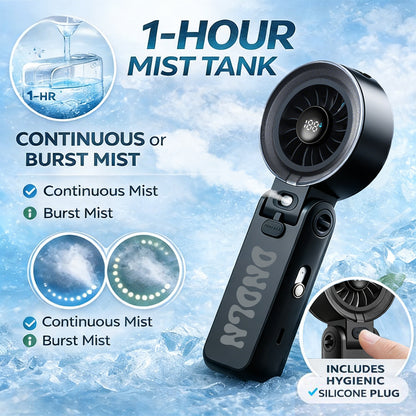 Portable Misting Fan with 18H Battery Life, 100 Speed Adjustable Personal Cooling Fan, Rechargeable Handheld & Desktop Fan with 1 Hour Mist Tank, Handle Stand and Lanyard