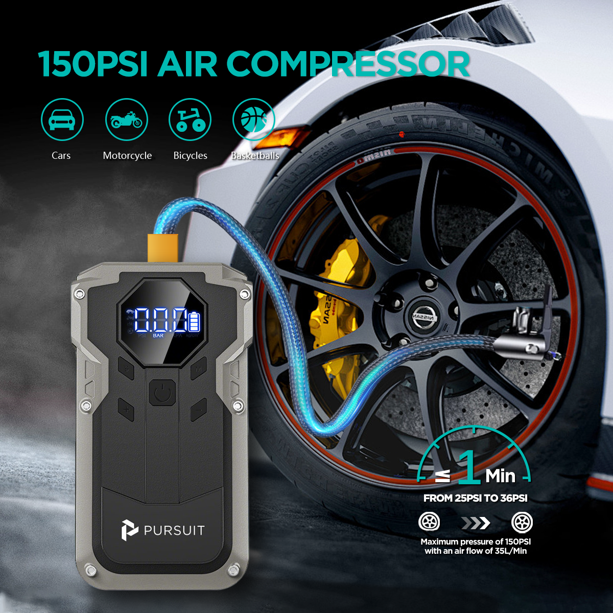 Jump Starter with Air Compressor, 2000A Peak Car Battery Booster(8L Gas/6L Diesel), 150PSI Tire Inflator Portable 12V Jump Box Car Battery Jumper Starter with Jumper Cable, LED Lights, LCD Display