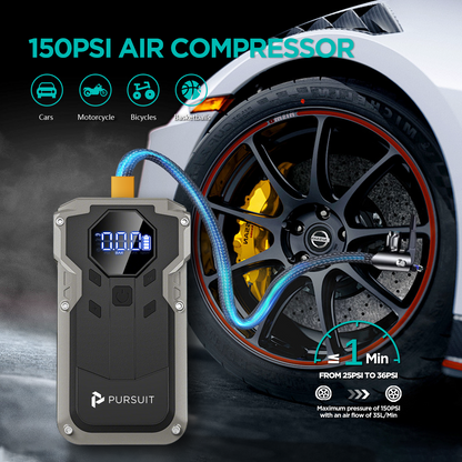 Jump Starter with Air Compressor, 2000A Peak Car Battery Booster(8L Gas/6L Diesel), 150PSI Tire Inflator Portable 12V Jump Box Car Battery Jumper Starter with Jumper Cable, LED Lights, LCD Display