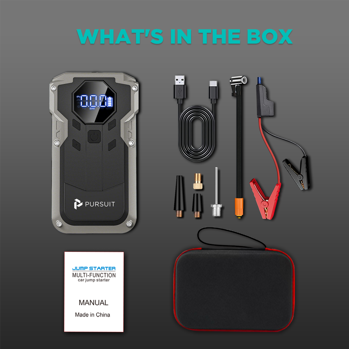 Pursuit Car Jump Starter With Air Compressor, 2000a&150psi Portable 12v Jump Box Battery Booster (6.0 Gas/101.44oz ) With Tire Inflator, With Smart Jumper Cables, Emergency Led Lights - Automotive