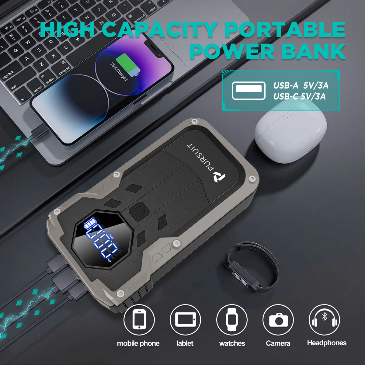 Jump Starter with Air Compressor, 2000A Peak Car Battery Booster(8L Gas/6L Diesel), 150PSI Tire Inflator Portable 12V Jump Box Car Battery Jumper Starter with Jumper Cable, LED Lights, LCD Display