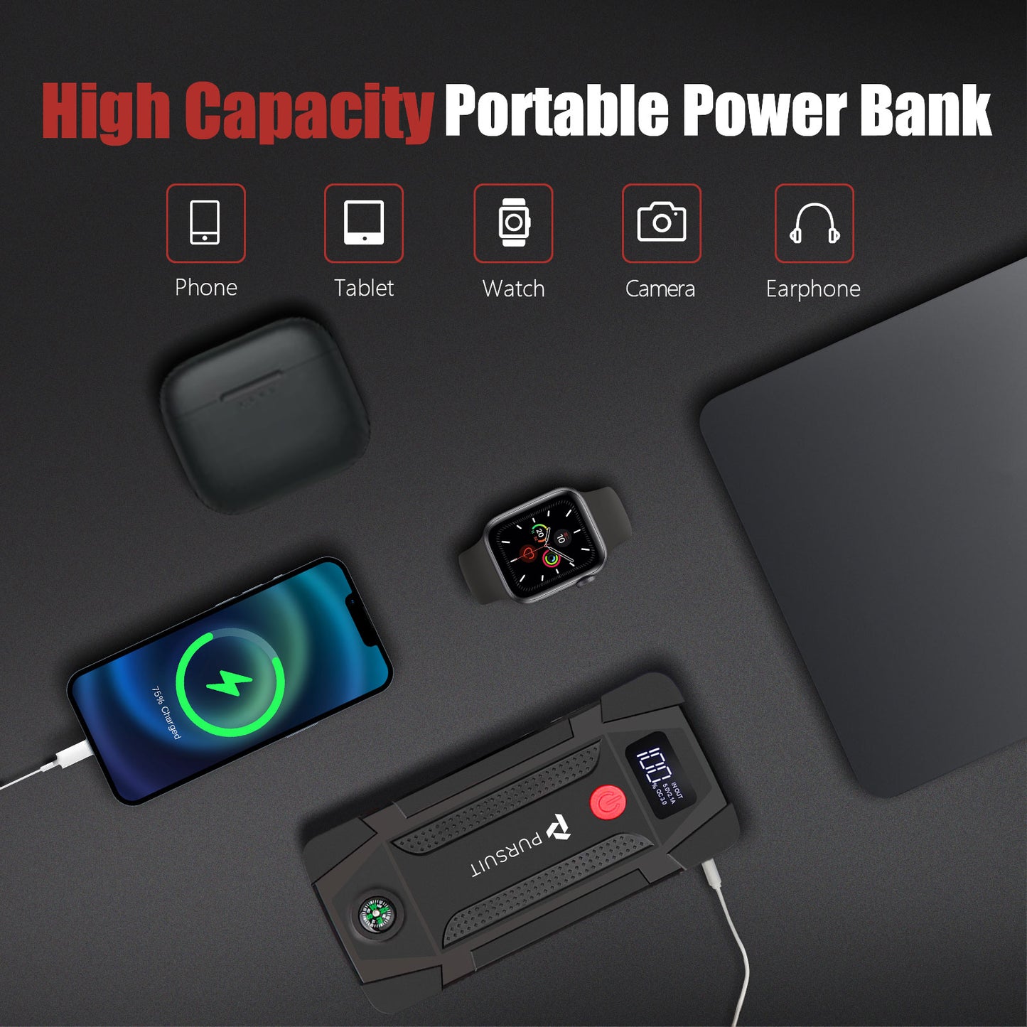 Pursuit UltraSafe Smart Jump Starter & Power Bank with Emergency Light & Compass for 6.0L Gasoline or 3.0L Diesel Cars and Trucks