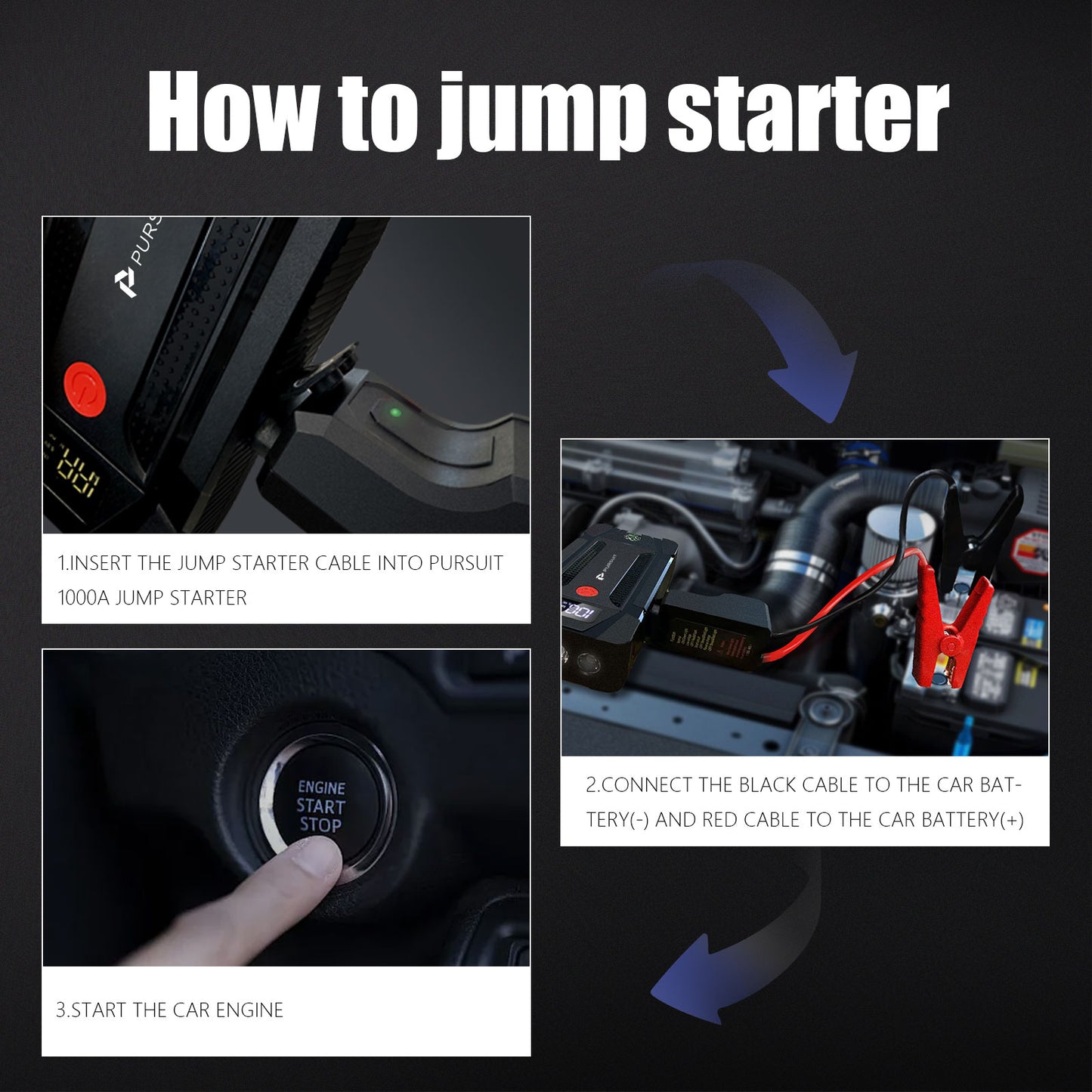 Pursuit UltraSafe Smart Jump Starter & Power Bank with Emergency Light & Compass for 6.0L Gasoline or 3.0L Diesel Cars and Trucks